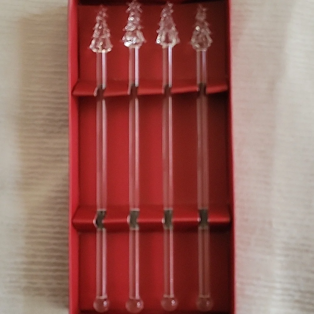 Clear Glass Christmas Tree Swizzle Sticks | Set of 4